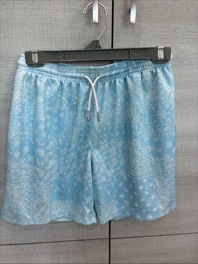 Drip Light Blue Paisley Kids Swim Shorts with Drawstring Waist